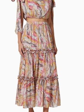 MELLODAY Marble-Print Tiered Maxi Skirt in Pink, Yellow and Gray Sz L